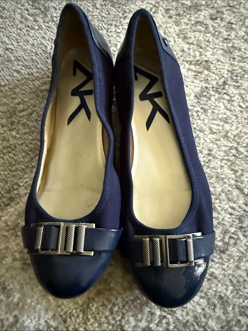 Anne Klein Navy Ballet Flats with Metallic Buckle
